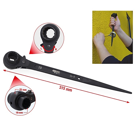 Schwarzer Knarrenschlüssel mit Detailansichten, Längenangabe und Einsatzbeispiel.